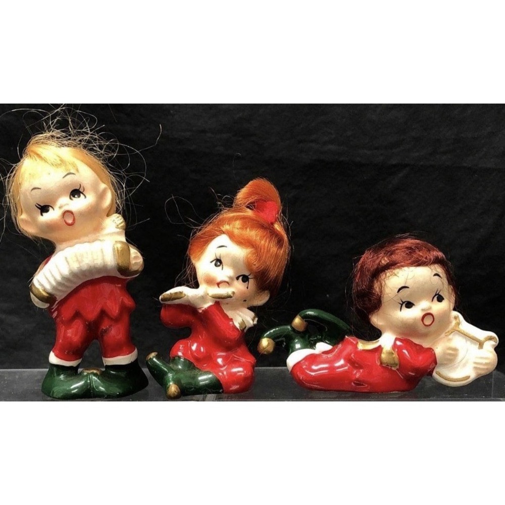 3 Vintage Ceramic Christmas Red Pixie Elves 2.5" & 3.5" Napcoware‎ Japan W Hair